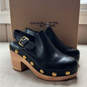 Charlotte Stone Black Leather Mules with Gold Studs